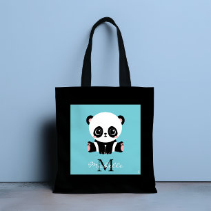 Monogram Cute Panda Personlig Bubble Gum Blue Tygkasse