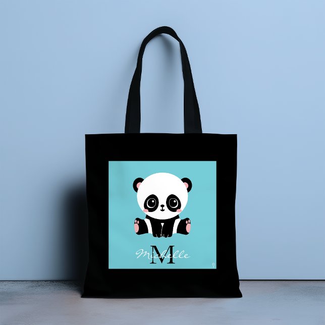Monogram Cute Panda Personlig Bubble Gum Blue Tygkasse (Skapare uppladdad)