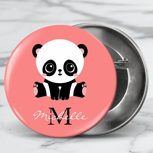 Monogram Cute Panda-Personligens Rosa Knapp (Skapare uppladdad)