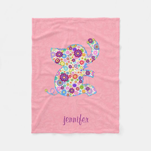 Monogram Cute Retro Flowers Tecknad Stil Elephant Fleecefilt (Framsidan)
