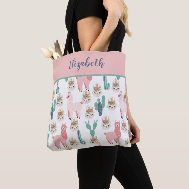 Monogram Cute Rosa Llamas Grönt Cactus Tote Bag Tygkasse (Närbild)