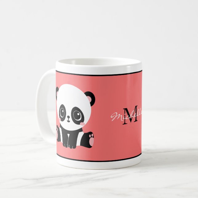 Monogram Cute Sitta Panda Personlig Salmon Kaffemugg (Framsida vänster)
