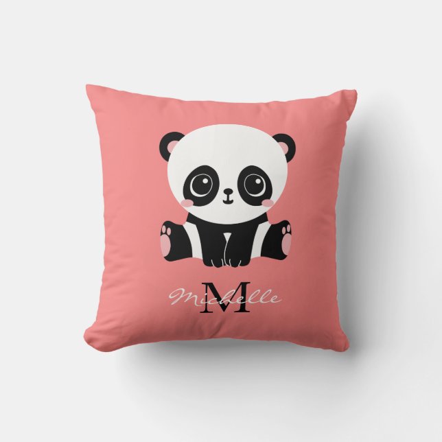 Monogram Cute Sitta Panda Personlig Salmon Kudde (Framsida)