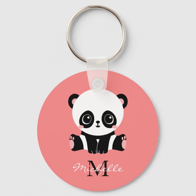 Monogram Cute Sitta Panda Personlig Salmon Nyckelring (Framsida)