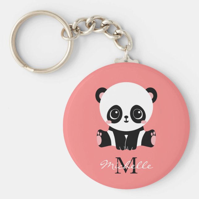 Monogram Cute Sitta Panda Personlig Salmon Nyckelring (Framsidan)