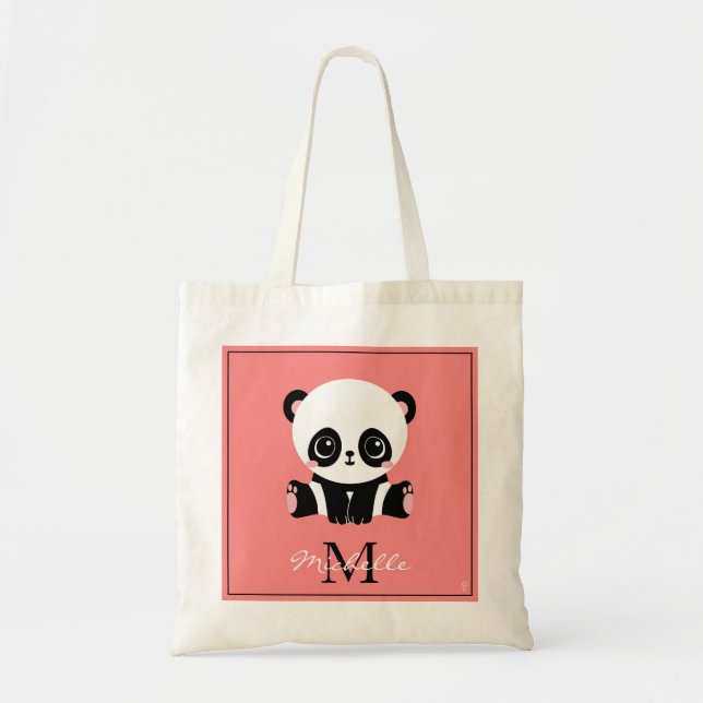 Monogram Cute Sitta Panda Personlig Salmon Tygkasse (Framsidan)