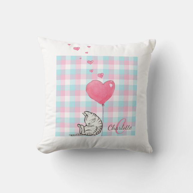 Monogram Cute Sömnig Rosa vattenfärg för katt  Kudde (Framsida)