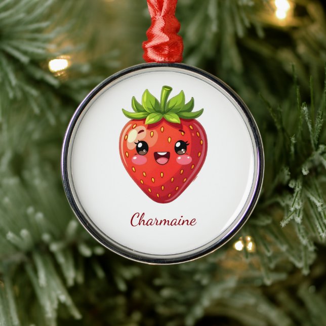 Monogram cute strawberry kawaii julgransprydnad metall (Träd)