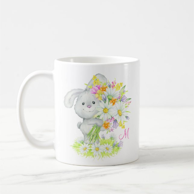 Monogram Cute Watercolor Blommigt Bunny Rabbit Kaffemugg (Vänster)