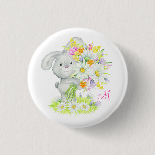 Monogram Cute Watercolor Blommigt Bunny Rabbit Knapp