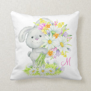 Monogram Cute Watercolor Blommigt Bunny Rabbit Kudde