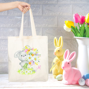 Monogram Cute Watercolor Blommigt Bunny Rabbit Tygkasse
