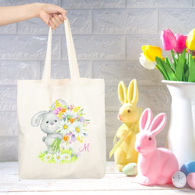 Monogram Cute Watercolor Blommigt Bunny Rabbit Tygkasse (Skapare uppladdad)