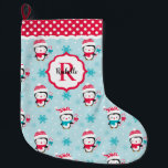 Monogram Cute Winter Penguin Stor Julstrumpa<br><div class="desc">En söt ungdom pingguin julstrumpa i mönster. Anpassa den med ditt monogram namn och börja med det. Roligtens juldekoration. Designad av Blackberry Boulevard.</div>
