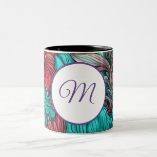 Monogram, cyan Blue Flowers Två-Tonad Mugg