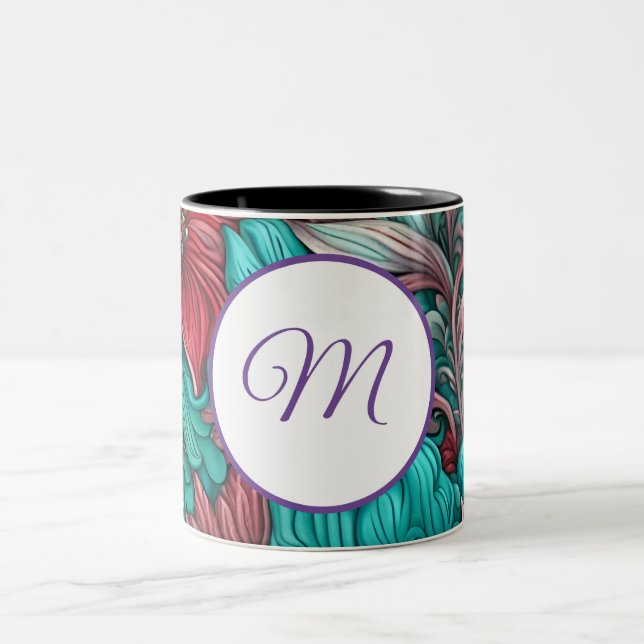 Monogram, cyan Blue Flowers Två-Tonad Mugg (Center)