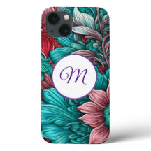 Monogram, cyan Blue, Red, vita blommor