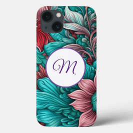Monogram, cyan Blue, Red, vita blommor