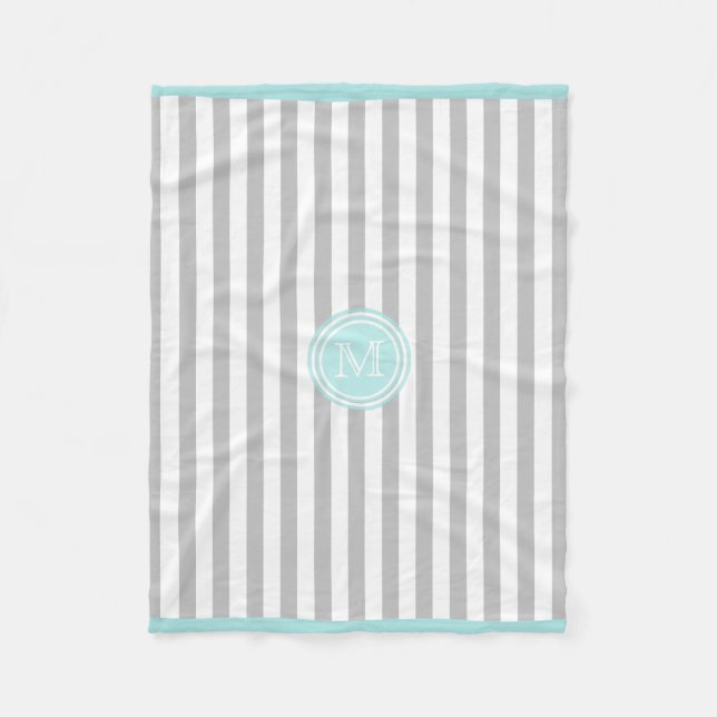 Monogram cyan Grått & White Stripe Blanket Blanket Fleecefilt (Framsidan)