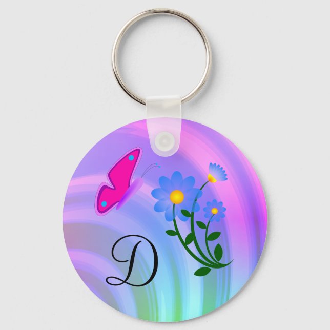 Monogram D-blommiga fjäril-nyckelkedja Nyckelring (Framsida)