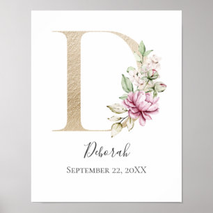 Monogram D Rosa White Blommigt Guld Brev Nursery Poster