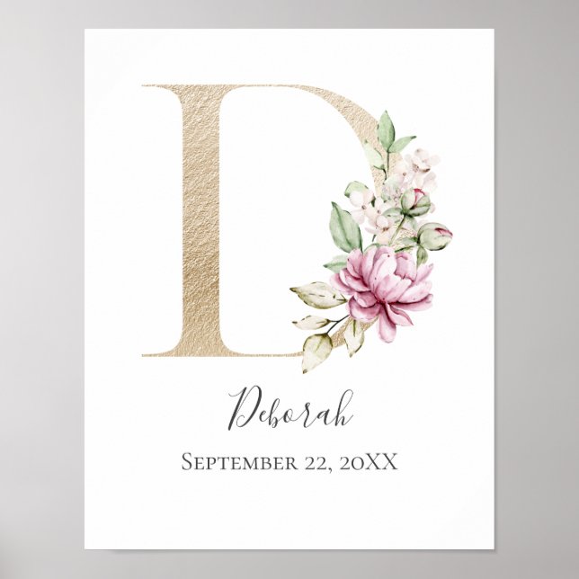 Monogram D Rosa White Blommigt Guld Brev Nursery Poster (Framsidan)
