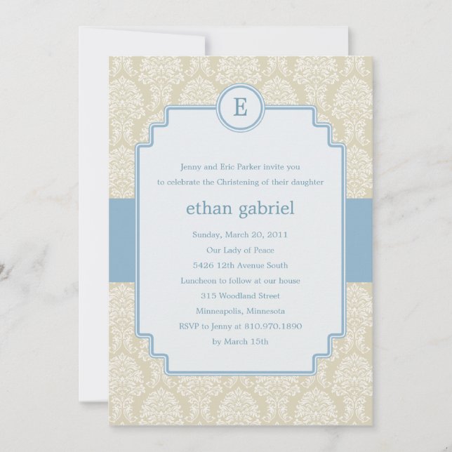 Monogram Damask Baptism/Christening Inbjudan - Blu (Framsida)