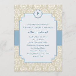 Monogram Damask Baptism/Christening Inbjudan - Blu