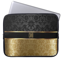 Monogram Damask Black med Guld Blommigt Laptop Sleeve