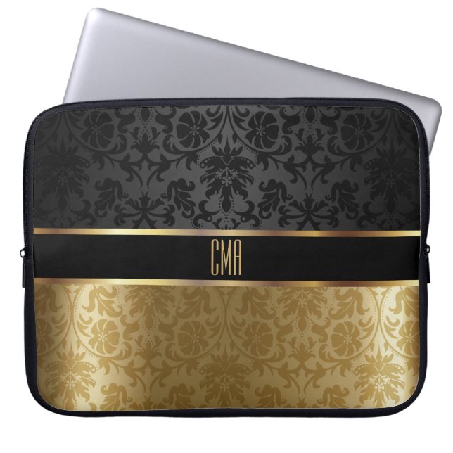Monogram Damask Black med Guld Blommigt Laptop Sleeve (Framsidan)
