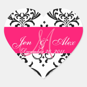 Monogram Damask-bröllop-favoritmärke Heart-form Hjärtformat Klistermärke