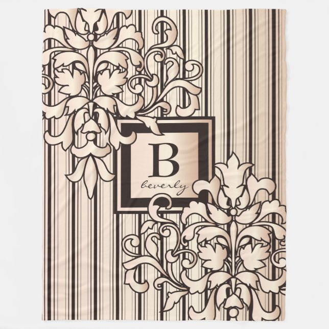 Monogram Damask Rand Girly Neutralt Monokrome Fleecefilt (Framsidan)