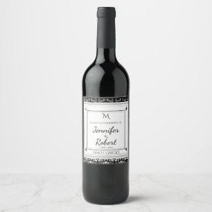 Monogram Damask Wedding Vin Flaska etikett