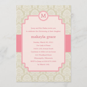 Monogram Damaskobaptism/Christening Inbjudan - Ros