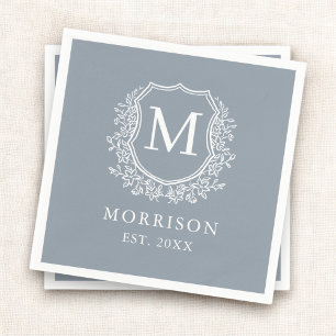 Monogram Damblå Crest Botanisk Bröllop Pappersservett