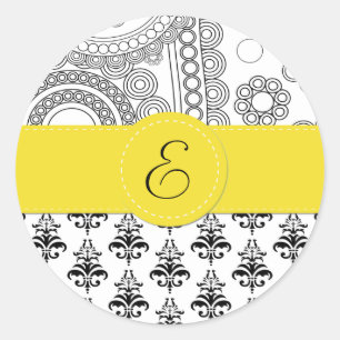 Monogram - Damm, ornament, swirls - svart vitt Runt Klistermärke