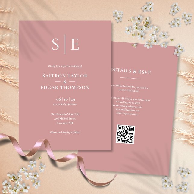 Monogram Dammtrosa QR-kod Bröllop Inbjudningar (Monogram Dusty Rose QR Code Wedding Invitation)