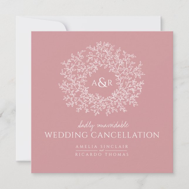 Monogram dämpade rosa blad bröllop avbokning meddelande (Framsida)