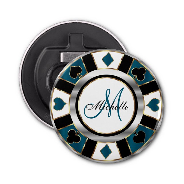 Monogram Deep Blue Teal Poker Chip Design Flasköppnare (Framsidan)