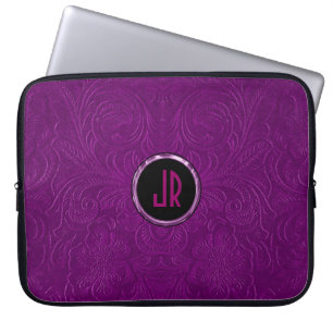 Monogram Deep Lila Suede Leather Blommigt Design Laptop Fodral