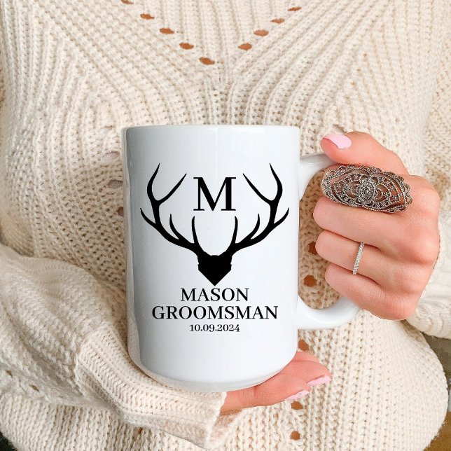 Monogram Deerghorn Bestman Förslag Tuvsta Man Två-Tonad Mugg (Monogram Deer Horn Groomsman Proposal Best Man Two-Tone Coffee Mug)