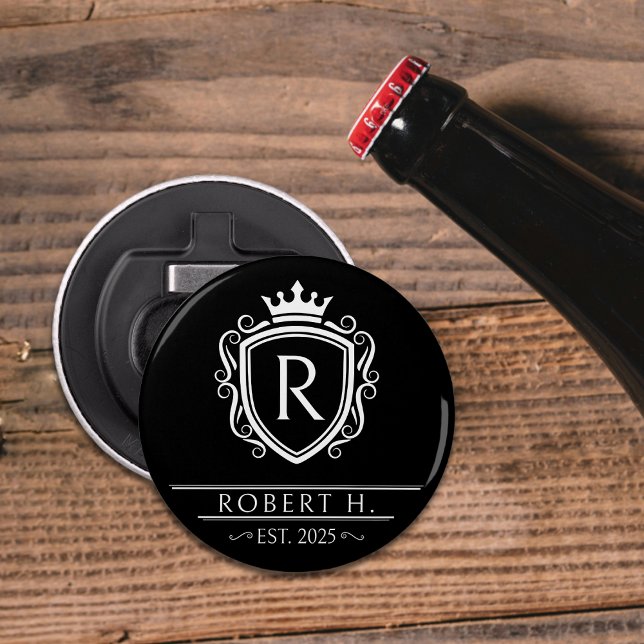Monogram dekorativ sköld krona svart flasköppnare (Monogram Decorative Shield Crown Black Bottle Opener
)
