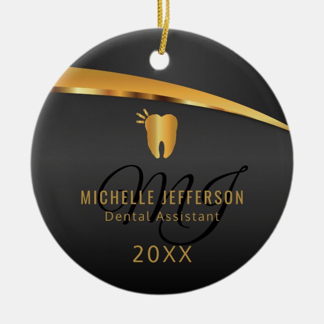 Monogram Dentist 🦷 Office - Black and Guld Julgransprydnad Keramik (Framsidan)