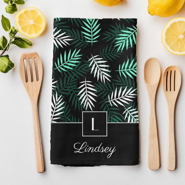 Monogram & Ditt Namn På Mörkt Grönt Bladmönster Kökshandduk (Modern Monogram Green Botanical Pattern Kitchen Towel)