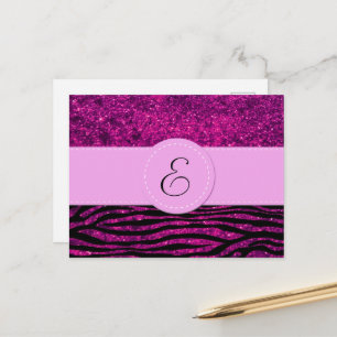 Monogram - djurutskrift, Zebra, Glitter - Rosa Vykort
