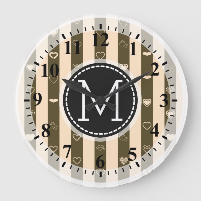 Monogram Donkey Beown Rand Modern Heart Mönster Stor Klocka (Framsida)