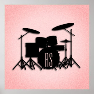 Monogram Drum Set Music Design Rosa Poster