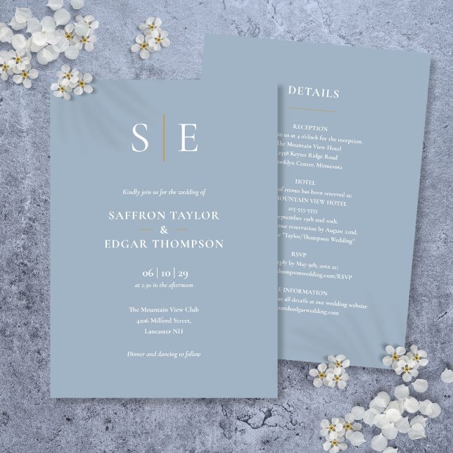 Monogram Dusty Blue Allt-i-ett Bröllop Inbjudningar (Monogram Dusty Blue All In One Wedding Invitation)