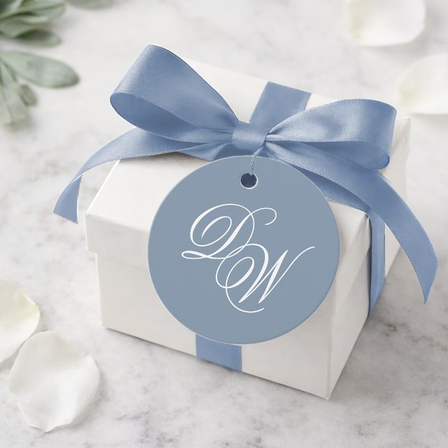 Monogram Dusty Blue Bröllop Elegant Skrift Enkel  Gåvor Etiketter (Skapare uppladdad)