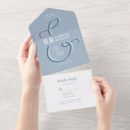 Monogram Dusty Blue Bröllopsinbjudan Allt-i-ett